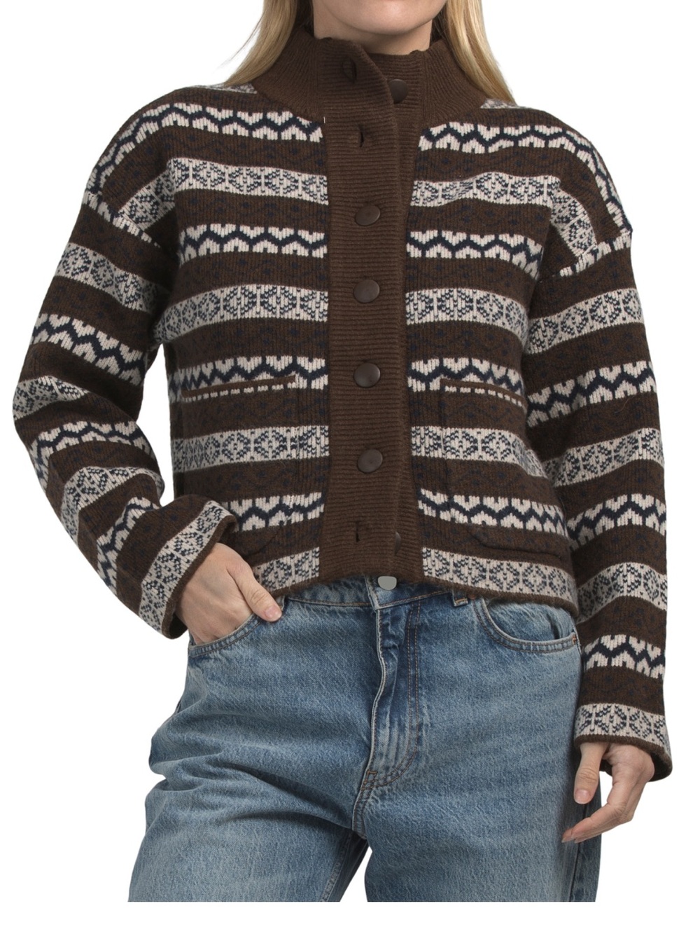 Joie Fair Isle Button-Front Mock Neck Sweater